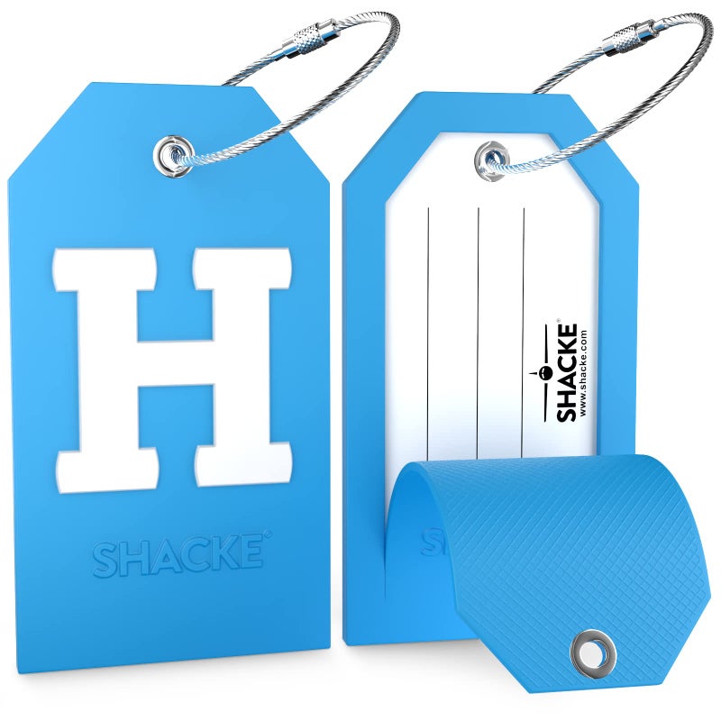 Shacke Initial Luggage Tag with Full Privacy Cover and Stainless Steel Loop - Aqua Teal (Letter H) - Image 2